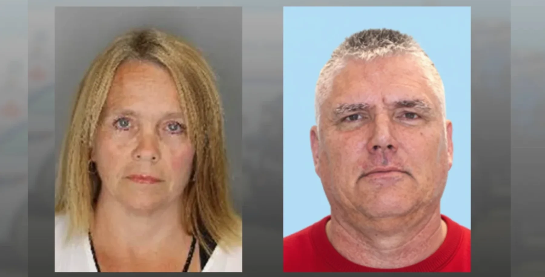 Side-by-side photos of a woman with blonde hair and a man with short gray hair, both with serious expressions, against plain backgrounds.