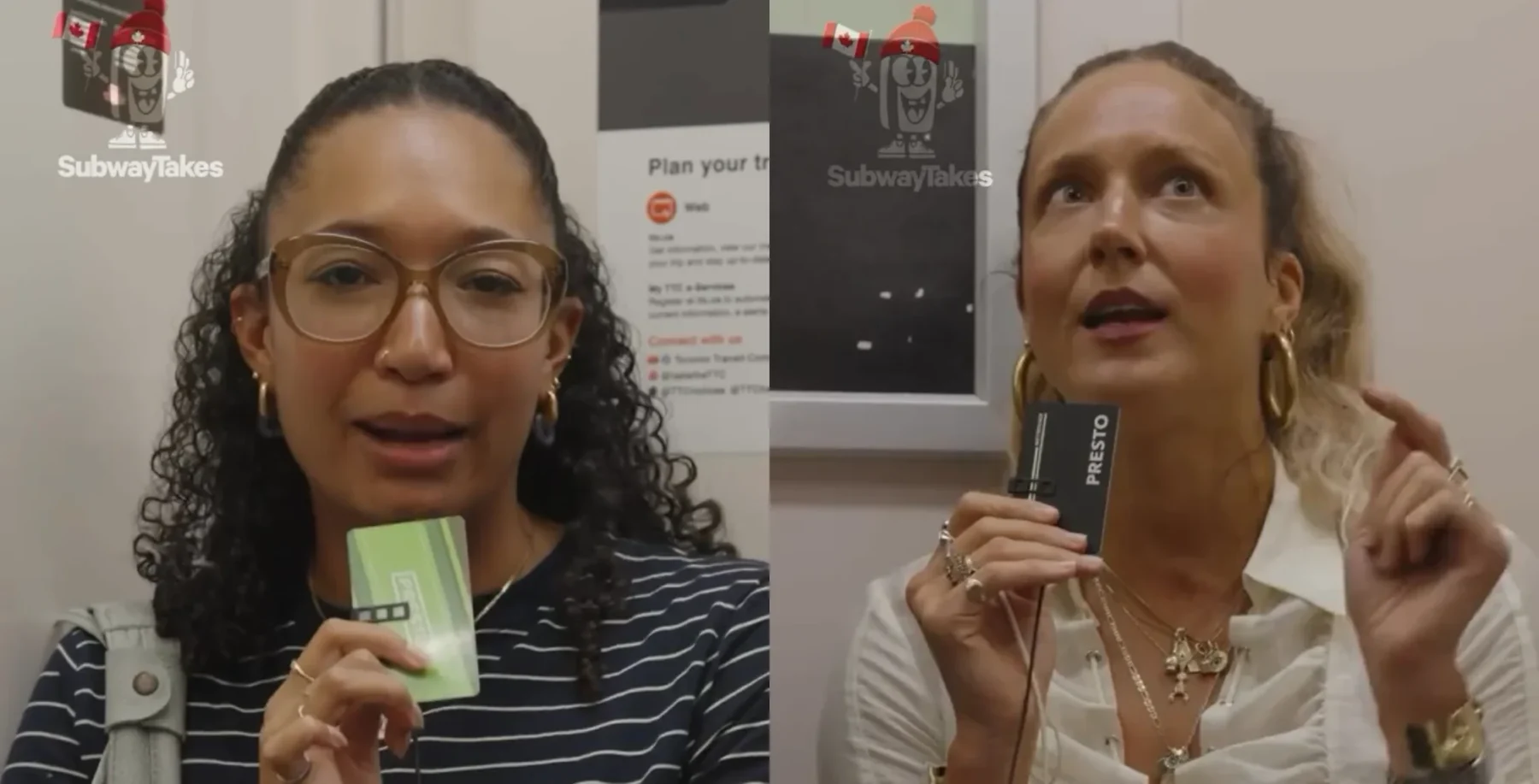 Two women in a split-screen interview holding SubwayTakeover cards, speaking to camera in a Toronto setting with NOW Toronto branding in the background.
