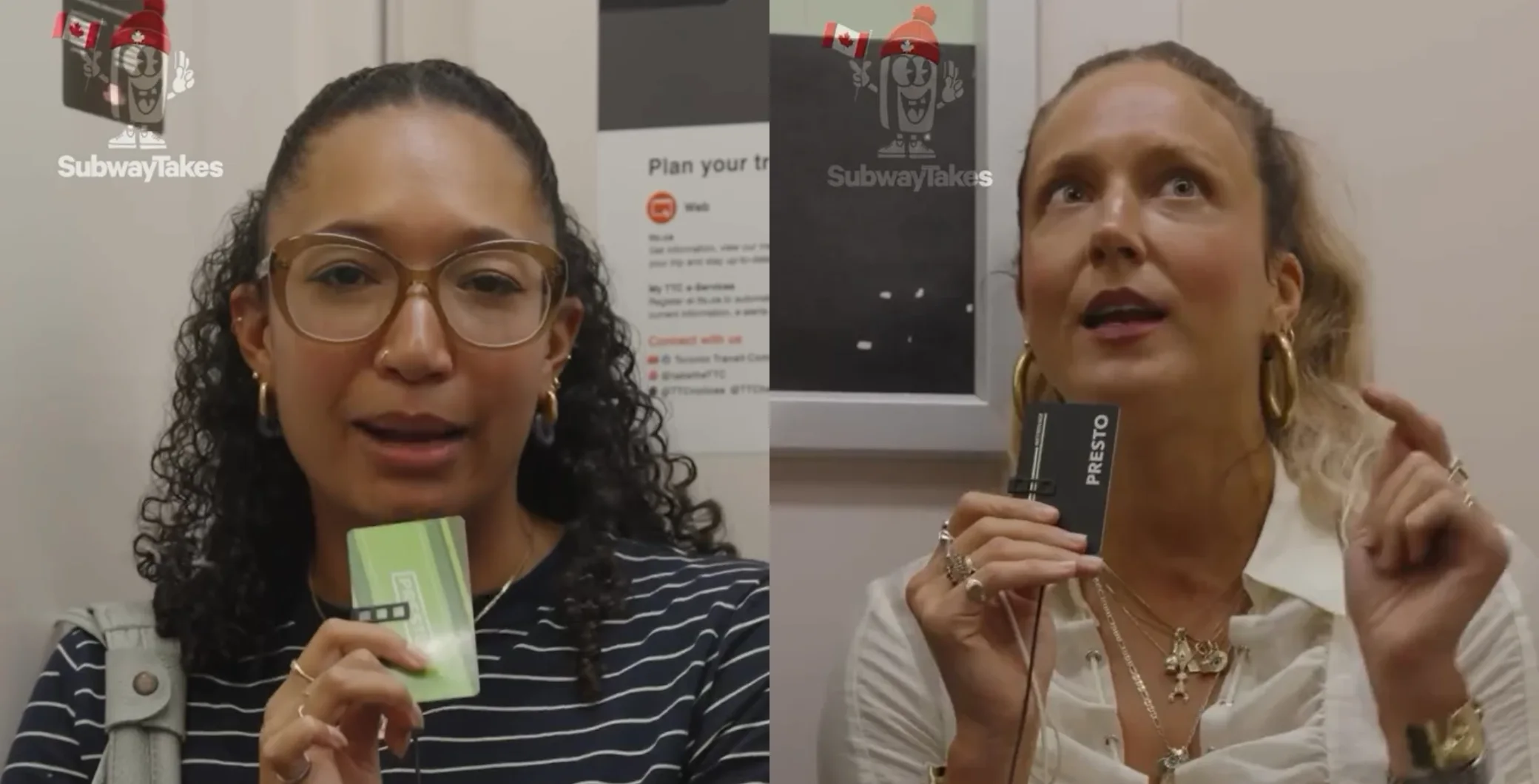 Two women in a split-screen interview holding SubwayTakeover cards, speaking to camera in a Toronto setting with NOW Toronto branding in the background.