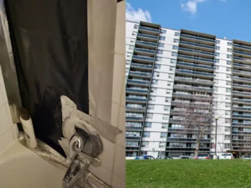 A deteriorating Toronto apartment building showing signs of neglect and structural issues, highlighting concerns over living conditions in Scarborough.