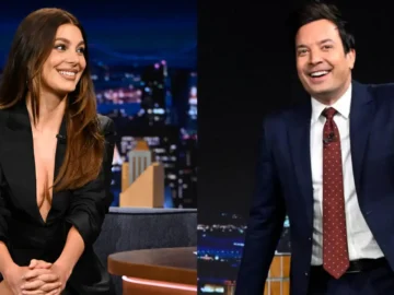 Canadian actress teaching Jimmy Fallon Toronto slang during a lively interview on late-night TV, highlighting Toronto culture and local language.