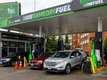 Toronto Gameday Fuel gas station with cars refueling, promotional banners, and a cityscape in the background.