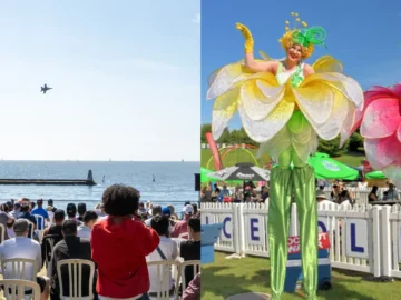Toronto waterfront festival with audience watching performers in flower costumes during Labour Day weekend.
