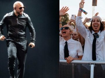 Pitbull performing on stage and excited fans at a concert in Toronto, highlighting the energetic atmosphere of the event.